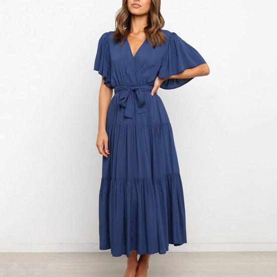 Женское летнее платье миди с v-образным вырезом и короткими рукавами, пояс с высокой талией и рюшами, однотонное платье трапециевидной формы, уличная одежда