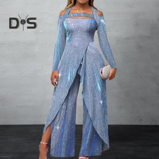 Женский комбинезон с вырезами и блестящими пайетками, с плотной талией, с бретелькой на шее, с широкими штанинами и длинными рукавами, с разрезом, нерегулярной длиной до щиколотки, женский комбинезон для выпускного вечера