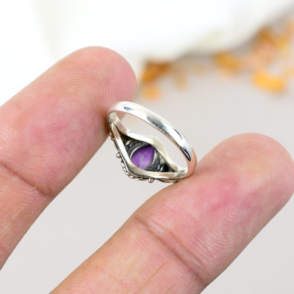 Аметист Драгоценный камень 925 Стерлинговое серебро Форма груши Ручная работа Ювелирные изделия Кольцо в стиле бохо для женщин