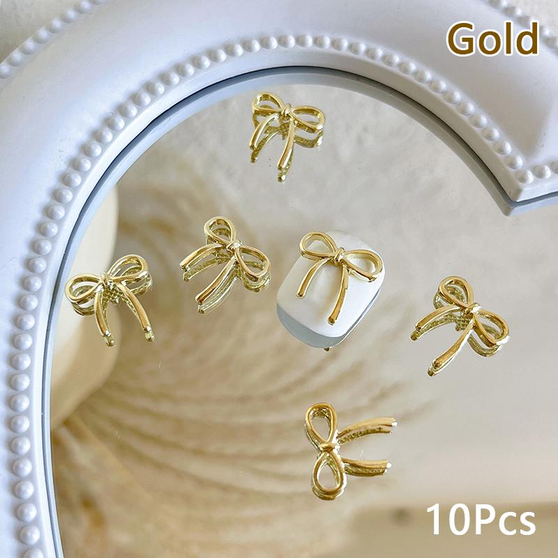 10Pcs Bow Deco Nail Art Charm 3D Silver/Gold Bowknot Ribbon Nail Decor Parts Diy Luxury Manicure Accessories