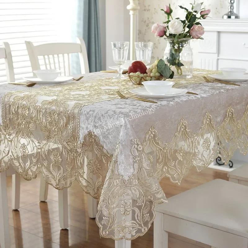 Luxury Gold Silver Velvet Embroidered Lace Tablecloth Rectangular Dining Table Cover Cabinet Dust Protector