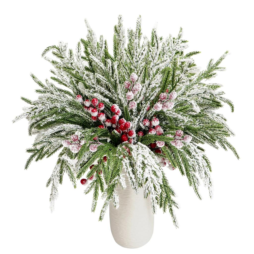 Artificial Norfolk Pine Branch Holiday Vase with 20 Pine Branches and 10 Red Berry Stems DIY Wreath Christmas Decoration