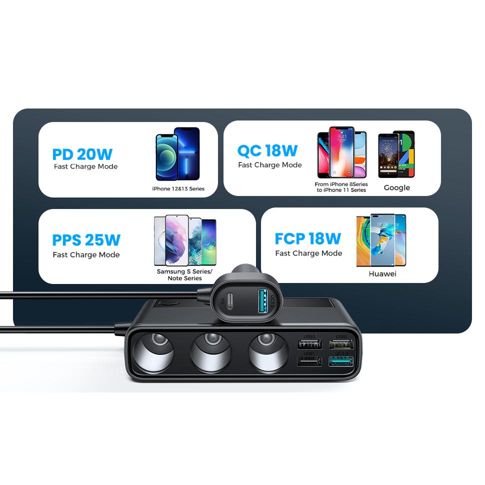 3 розетки, автоматический разветвитель прикуривателя, адаптер автомобильного зарядного устройства 9 в 1 с быстрой зарядкой PD/QC 3,0*2, 154 Вт, 12 В/24 В, независимые переключатели постоянного тока для всех автомобилей