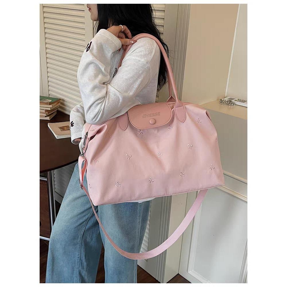 Women Large Capacity Travel Duffle Bag Embroidery Bow Handbag Shoulder Crossbody Bag for Gym Short Trip Storage