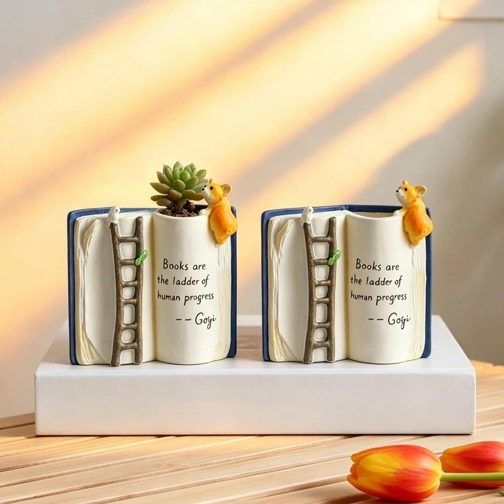 Cartoon Book-Shaped Planter Polyresin Open Book Flower Pot Succulent Planter Small Planting Use