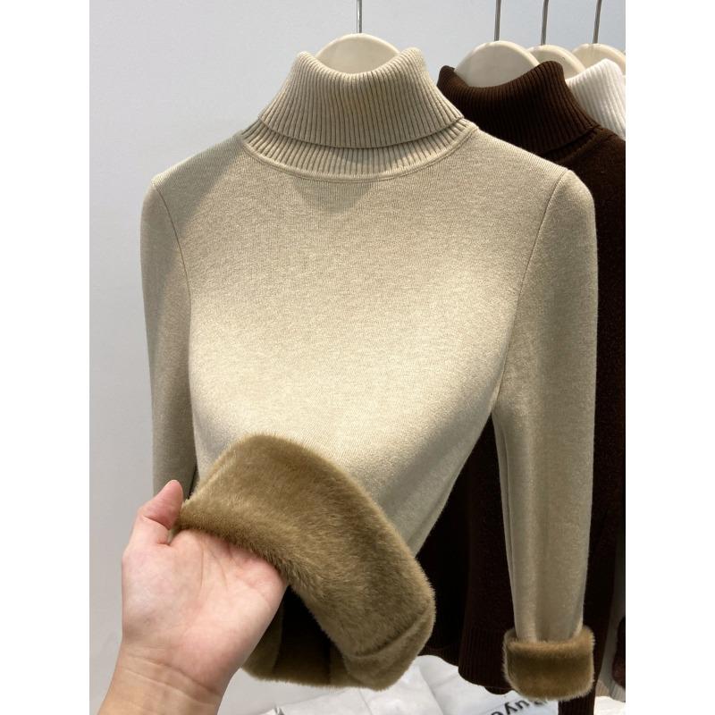Autumn and Winter New Semi-turtleneck Fleece Sweater Bottoming Shirt Women's Integrated Fleece Thickened, Warm and Slim, Knitted Inside