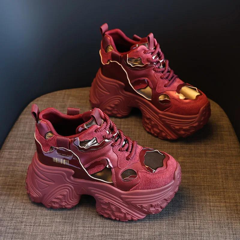 Модные 10 см кожаные мокасины из микрофибры, новые осенние туфли на платформе и танкетке, модные массивные кроссовки, весенние женские мокасины из вулканизированной кожи