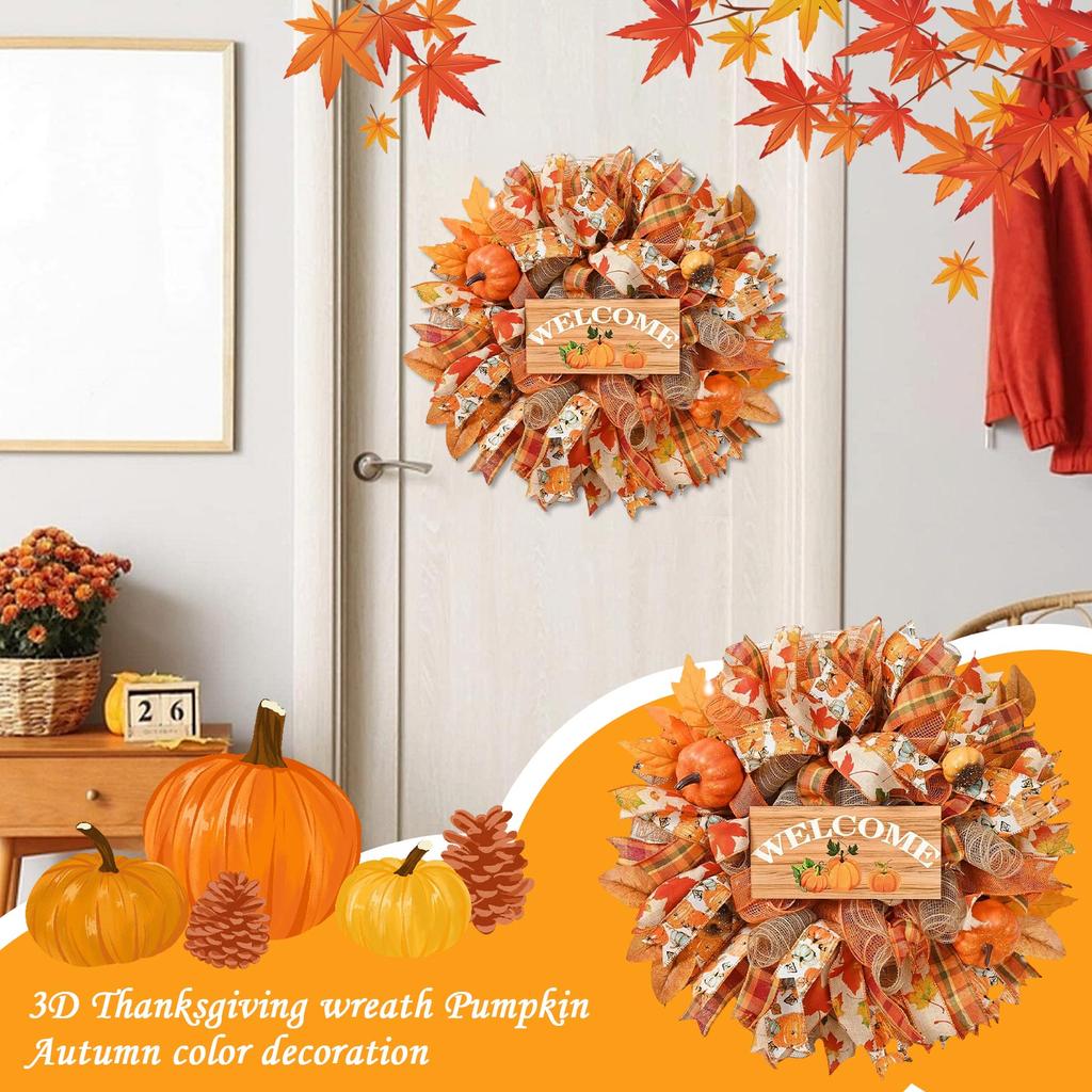 3D Thanksgiving Decorative Wreaths Pumpkin Ribbon Wreaths Color Decorations