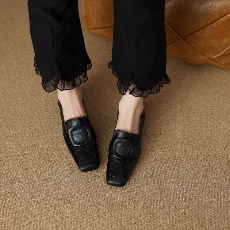 French Temperament Retro Loafer Small Leather Shoes British Style Thick Heel Low Heel One Pedal Comfortable Deep Mouth Square Buckle Single Shoes Wome