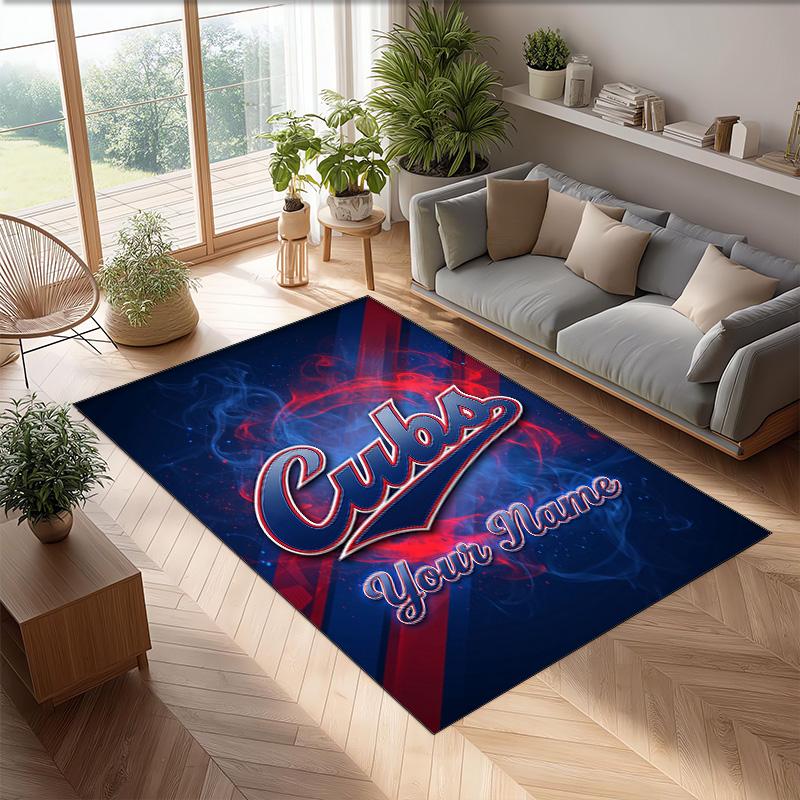 Chicago Cubs Crystal Velvet Rug, Custom Name Text Personalized Non‑Slip Floor Mat for Home Decor Gift