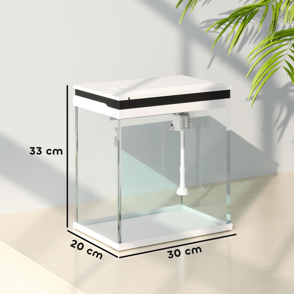 14L Glass Fish Tank With Filter System, LED Lights, Water Pump, White