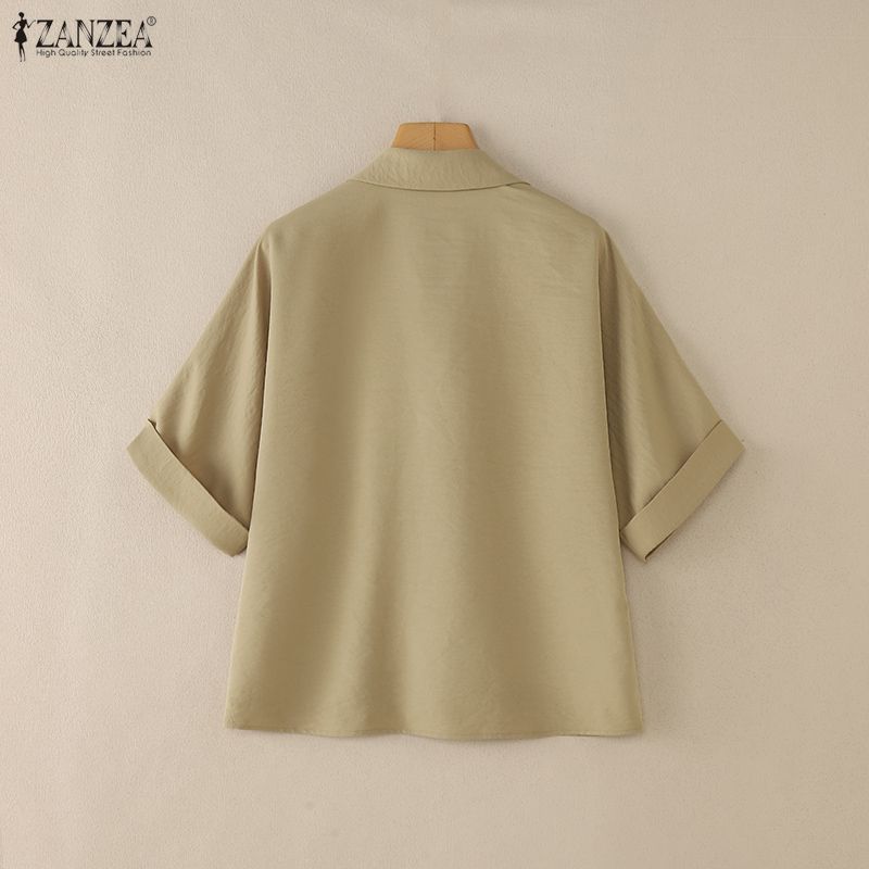 ZANZEA Женская повседневная свободная блузка с отложным воротником и коротким рукавом