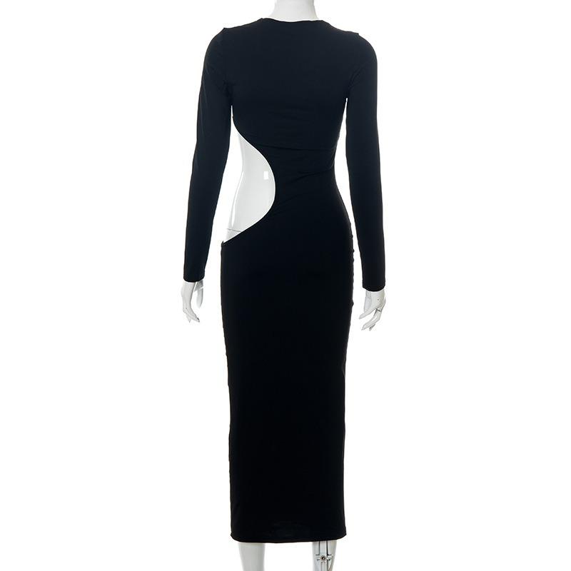 Elegant Sexy Party Hollow Out High Waist Black Dress Women Long Sleeve Slim Fit Casual Long Dress for Women Fashion Street Y2K Evening Dress 26182
