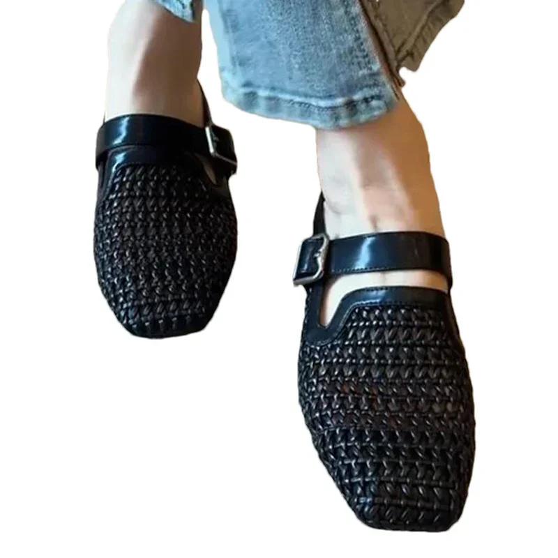 Модные женские тапочки на танкетке, плетеные мюли с ремешком на пятке, летние босоножки на каблуке 2025 с квадратным носком, модные новые сандалии для женщин