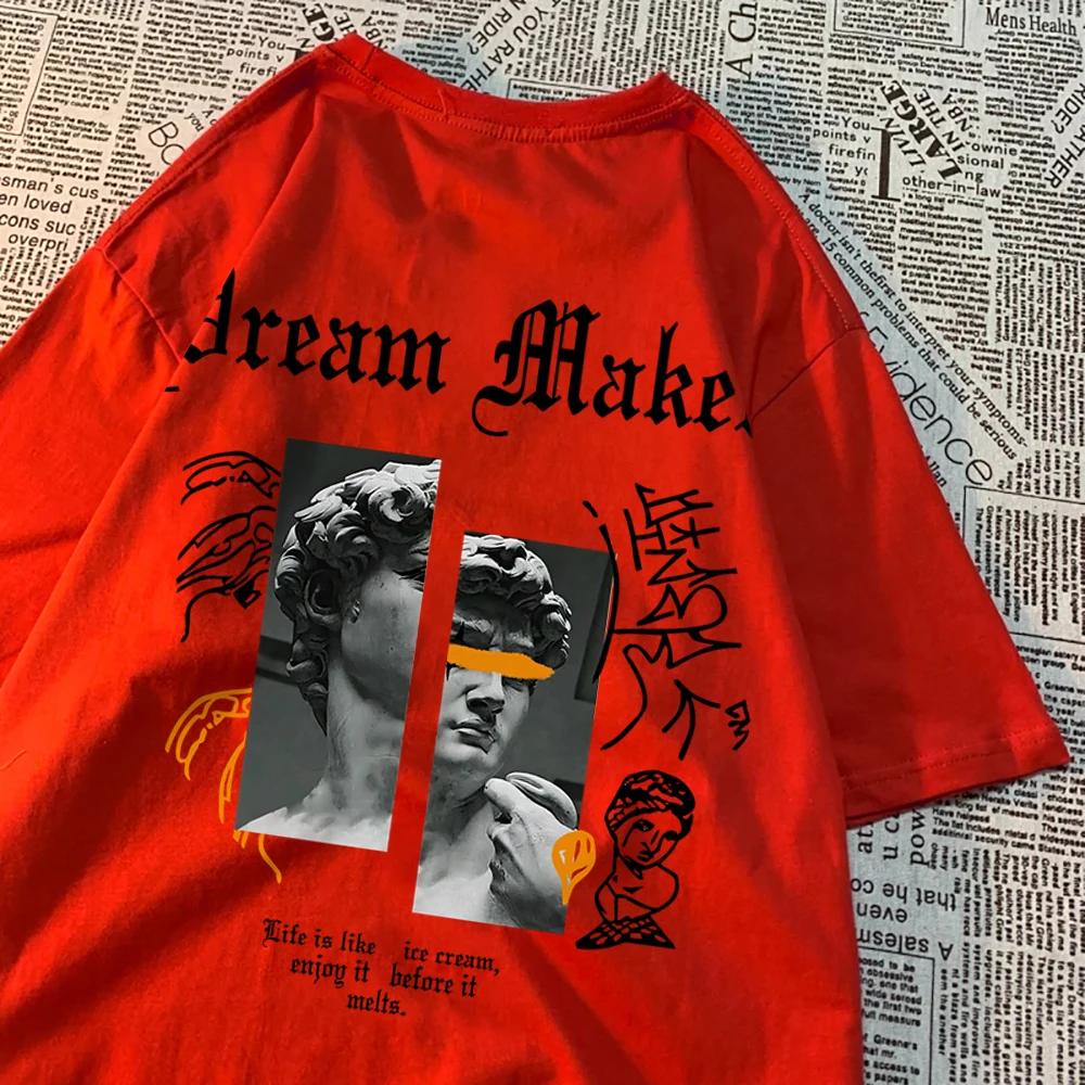 Мечта Создатель Смелый Скульптура Pattern Одежда Мужская Винтаж Хлопок Уличная одежда Парные футболки с круглым вырезом Однотонные летние топы