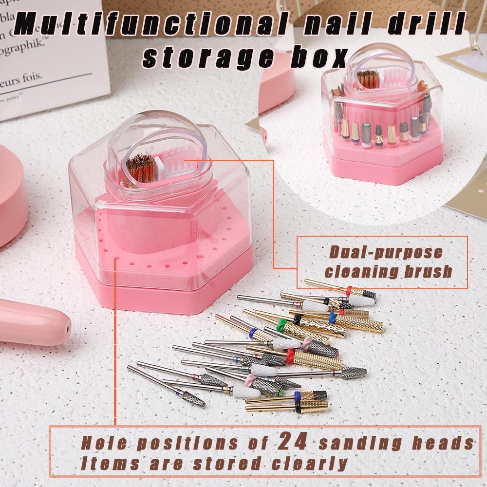 2 в 1 Коробка для хранения насадок для маникюра, 24 отверстия, с щеточкой для очистки, контейнер для хранения маникюрных инструментов, органайзер для салонных принадлежностей