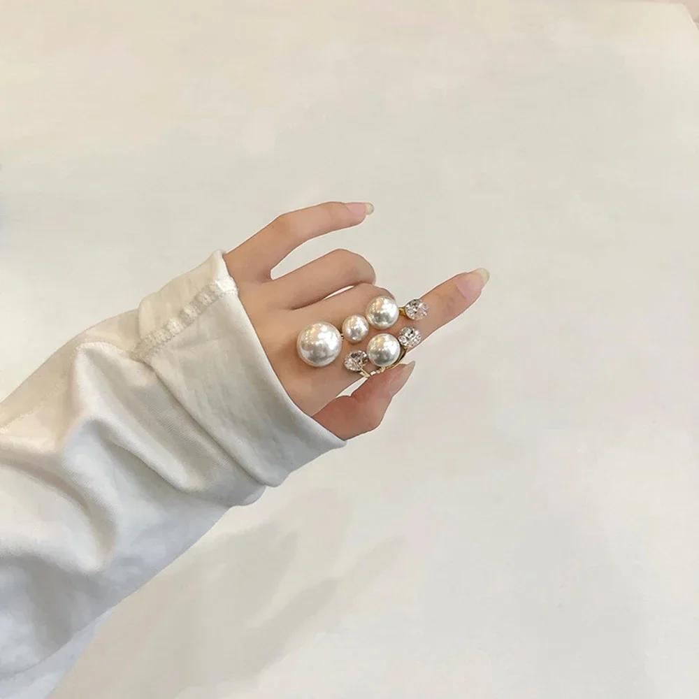 French Simple Multilayer Imitation Pearl Metal Rings for Women Shiny Zircon Crystal Party Wedding Jewelry Accessories Women Gift