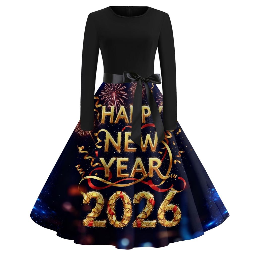 Женское повседневное модное платье с круглым вырезом и длинным рукавом с новогодним принтом в ретро-стиле