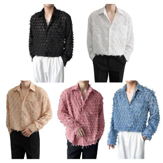 Мужская рубашка с нагрудным карманом и кисточками, отложным воротником, однобортная, с длинными рукавами, однотонная