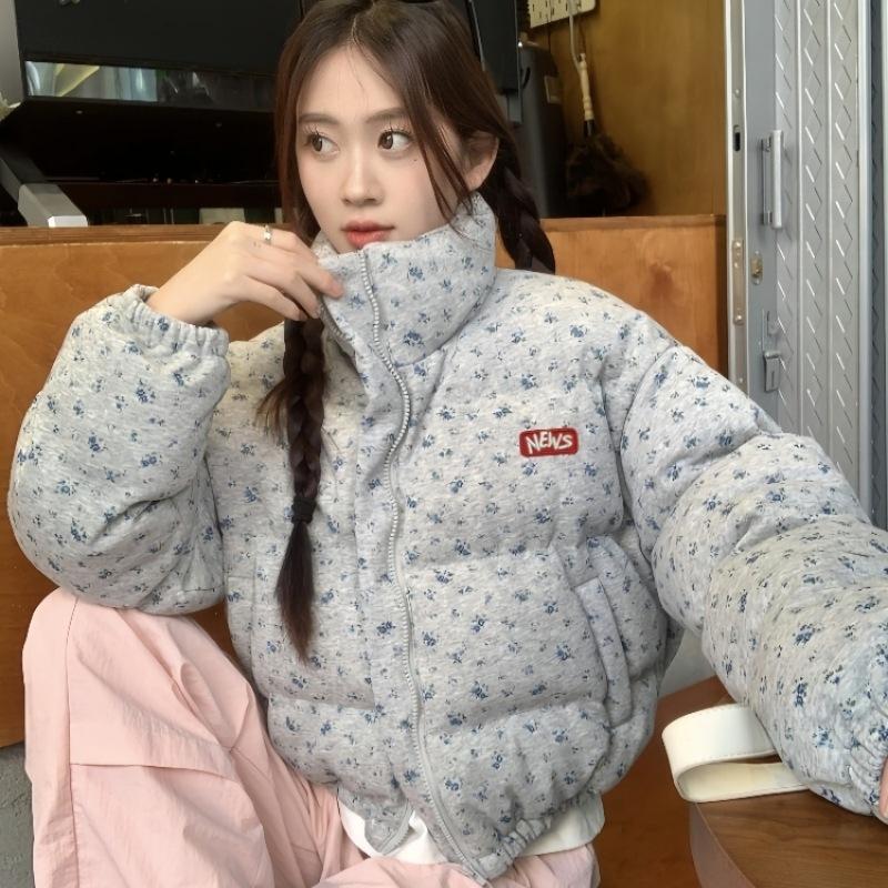 Women's Winter New Retro Short Floral Stand-up Collar Cotton Clothes Loose and Thickened Warm Trendy Jacket