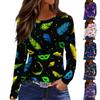 Women's Fashionable Carnival Print Round Neck Long Sleeve Top With Slit Hem