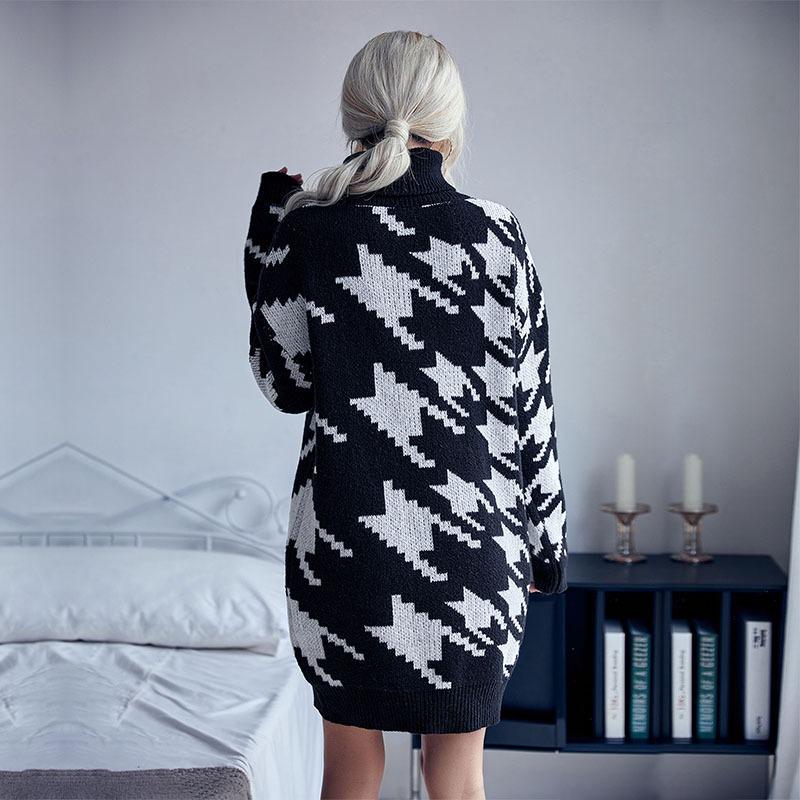 YYFS Women's Fashion Casual Fall Winter Houndstooth Print Long Sleeve High Neck Tops Women's Clothing Woolen Knitwear Sweaters