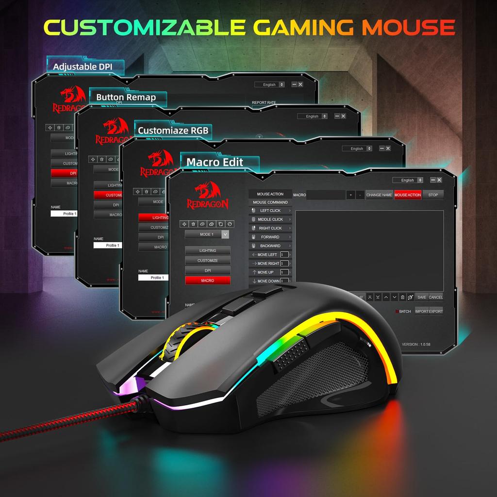 Черная проводная игровая мышь Redragon M602A-RGB с сенсором PAW 3212, 7200 DPI,
