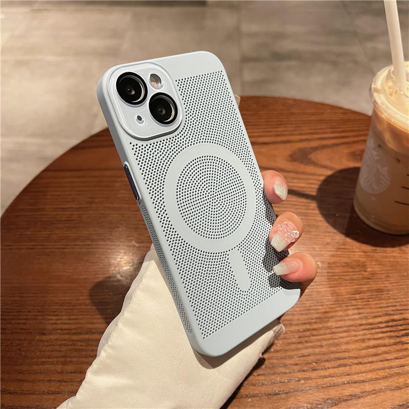 Full Cover Heat Dissipation Magnetic Case With Lens Film For Apple iPhone 14 13 Plus Pro Max Anti-fingerprint Grid Hard PC Back Protector Shell