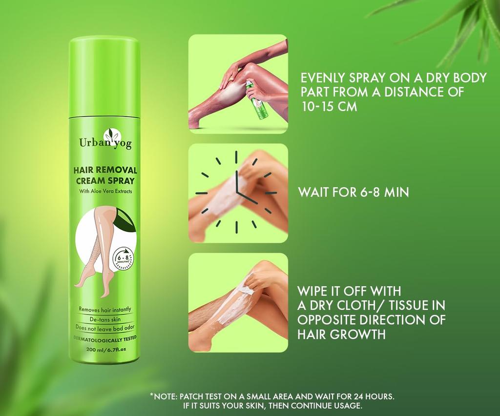 Urban Yog Hair Removal Cream Spray for Women | Painless Body Hair Removal Spray for Legs, Hands, Underarm & Back (200 ML)