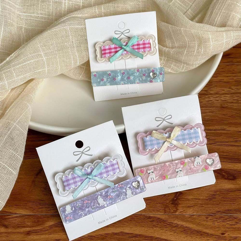 2Pcs/set Korean Style Bow Plaid Hair Clip Barrettes Korean Hair Clip Cartoon Cat Hairpin  Holiday