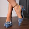 Fashion Denim Blue Women Sandals Elegant High Heels Slingback Pointed Toe Shoes Fashion Desiger Rhinestone Woman Pumps Wedding Shoes