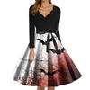 Women's Fashion V-Neck Casual Slim Fit Halloween Printed Long Sleeve Dress