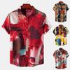 Men's Summer Casual Colorblock Printed Short Sleeve Top Comfortable Lapel Short Sleeve Shirt