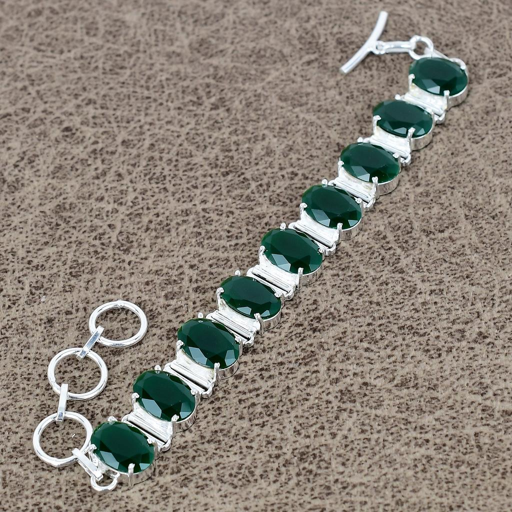 Green Onyx Gemstone Handmade 925 Sterling Silver Bracelet 7-8" KKG-134
