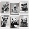Black And White Cartoon Abstract Cute Animals Duck Hippo Panda Alpaca Brush Teeth Posters Canvas Prints Art Home Room Wall Decor