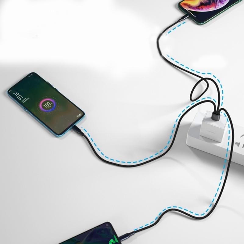 Кабель-шнур USB с быстрой зарядкой на 3x Type-C, выходная мощность 5 В, 3-в-1, нейлоновая оплетка, для ноутбука, черный/красный