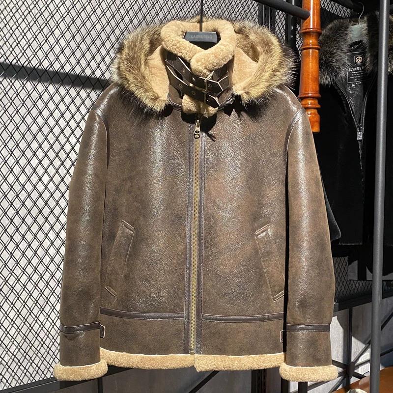 Genuine Sheepskin Leather B3 Bomber Jacket Mens Winter Fur Lined Thick Warm Flying Coat