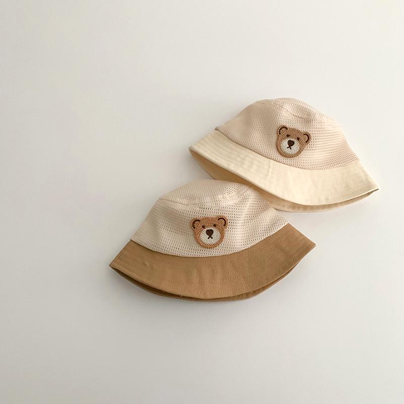 Cute Cartoon Bear Baby Bucket Hat Summer Mesh Breathable Fisherman Cap for Kids Boys Girls Wide-brim Adjustable Sun Hats