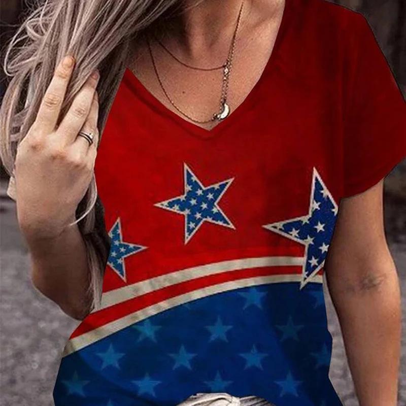 Summer V-neck 3D American Flag Printed Top Fashionable Casual Short Sleeved Women's T-shirts