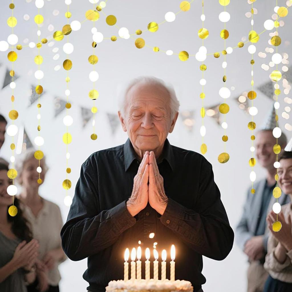 Glitter White and Gold Circle Dots Paper Garland White Gold Circle Dot Streamer 40 Feet Polka Dot Hanging Bunting Banner Backdrop for Birthday