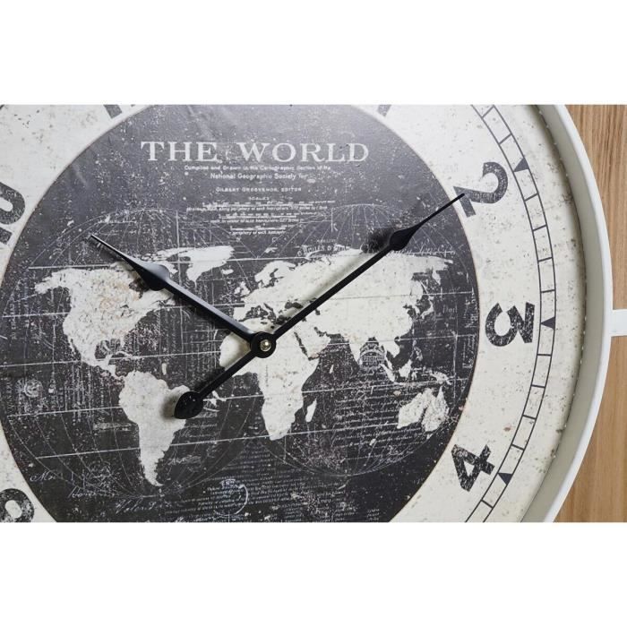 Horloge murale noir blanc fer vintage 60 x 4,5 x 60 cm bois mdf mappemonde (2 unités)