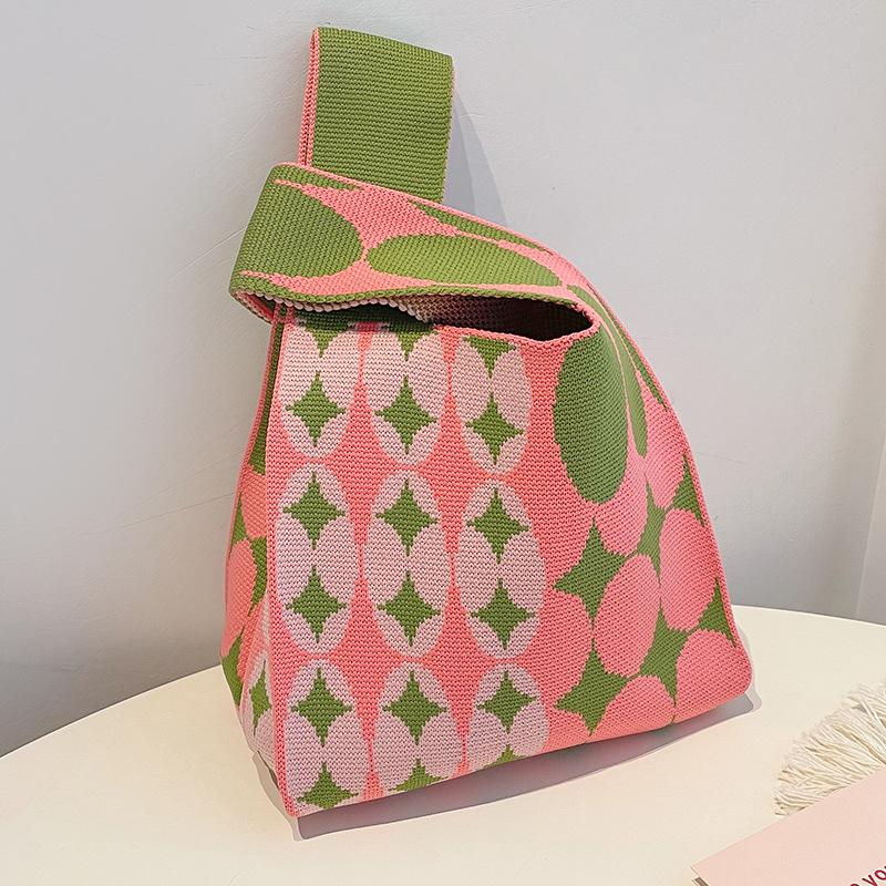 Вязаная сумка с геометрическим узором, женская мини-сумка на запястье с узлом, модные сумки, женские тканые сумки-шоппер, многоразовые повседневные сумки