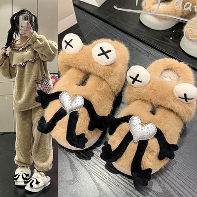 Мультяшные забавные плюшевые тапочки для женщин 2024 года, осенне-зимние теплые домашние удобные повседневные тапочки из хлопка Баотоу на платформе