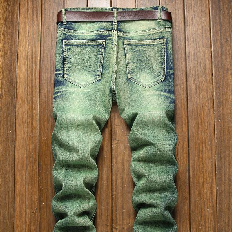 Four Seasons Ripped Slim Jeans Молодежные уличные мужские джинсы Повседневные джинсовые брюки Персонализированные прямые мужские брюки Ocean Green Модная мужская одежда