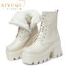 Women Ankle Boots Platform High Heel Genuine Leather Wool Warm Winter Boots Women Lace-up Fashion Biker Boots Women