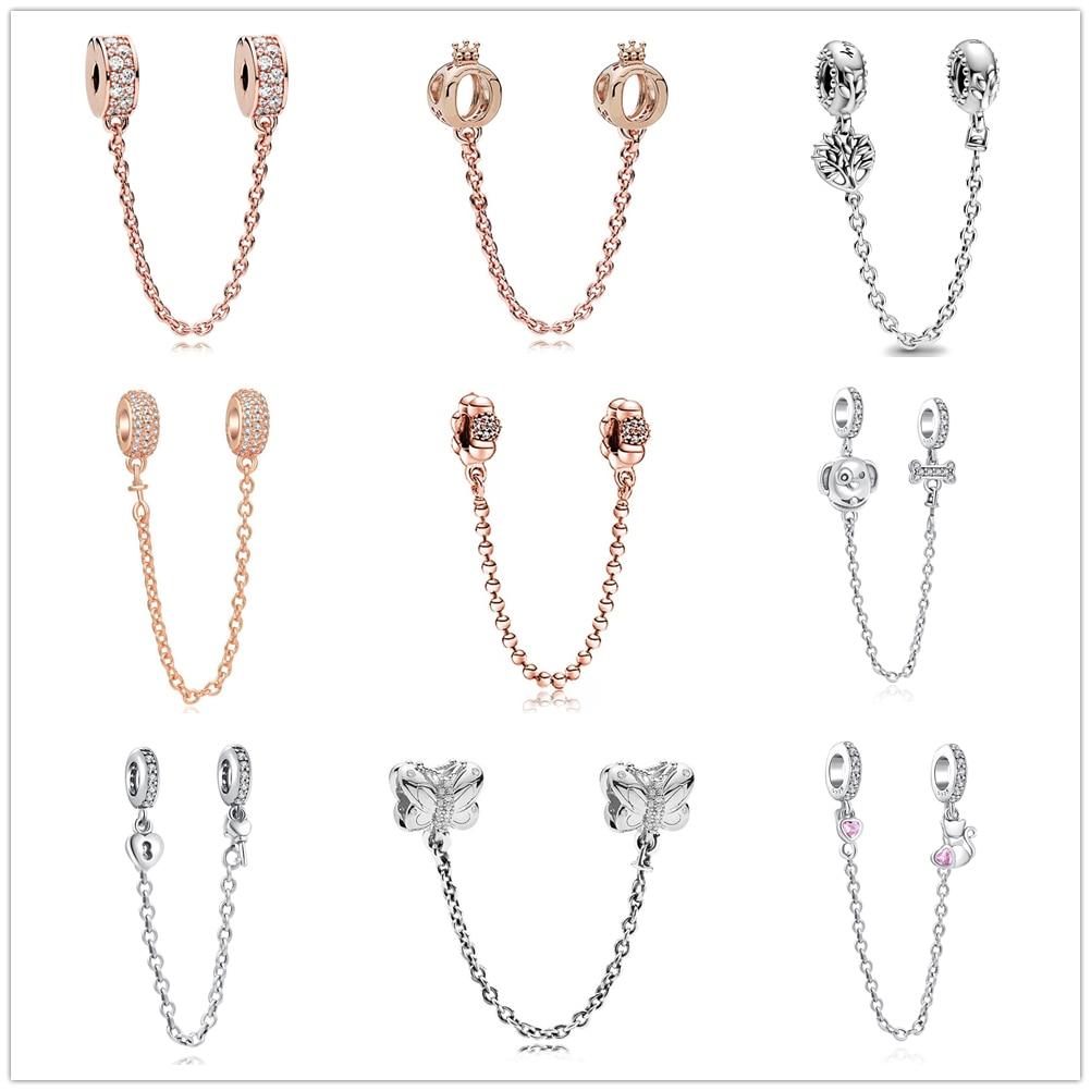 Silver 925 Zirconia Butterfly Flower Crown Safety Chain Charm Bead Fit Bracelet Pendant DIY Jewelry For Women