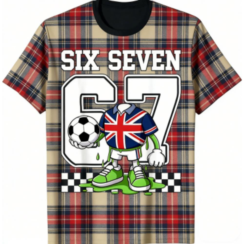 Kids T-Shirt 67 Six Seven Grid Football Print Boy and Girl Tees Top Summer Short Sleeve O Neck Casual Outdoor Kids Clothing