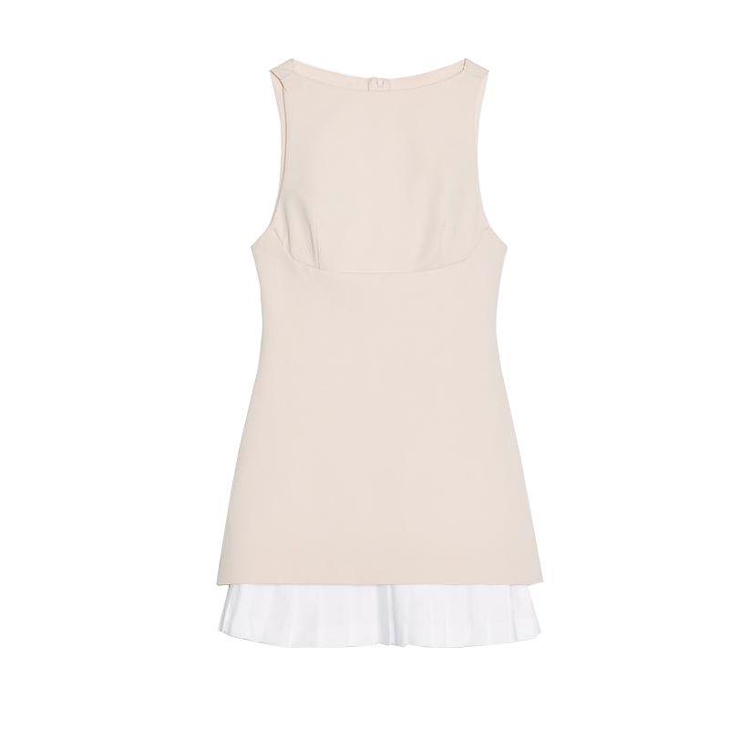 Spring and Summer New Women's Clothing Minimalist Sleeveless Boat Neck Wide Pleated Hem Poplin Patchwork Short Dress 2305554