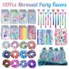 110PCS Mermaid Party Favors Mermaid Birthday Decorations Include Pen Notepad Metallic Scrunchies Slap Bracelet Gift Bag Sticker