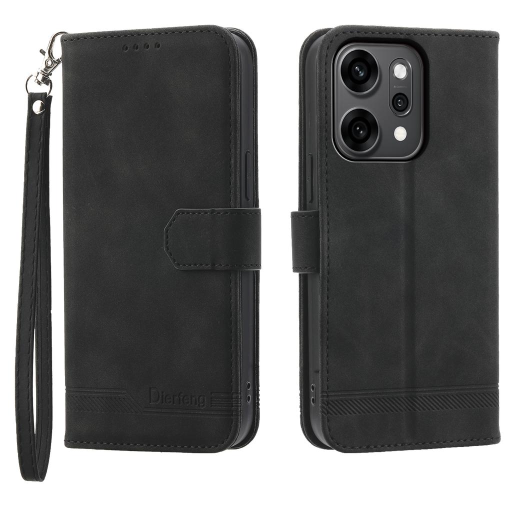DIERFENG DF-03 Для Oppo Reno14 Pro 5G (Глобальный) Чехол-кошелек Case Lines из кожи с ремешком на запястье